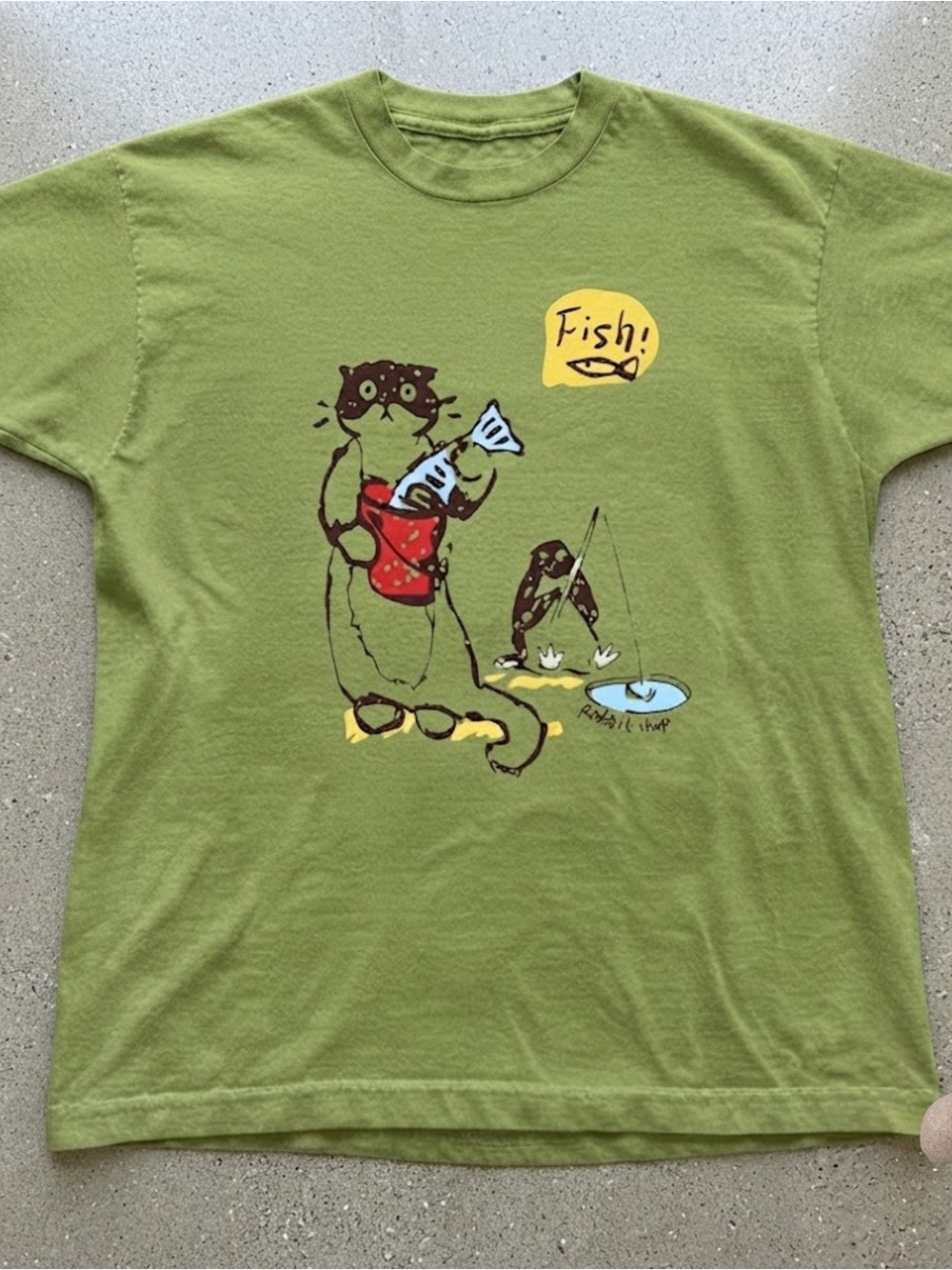 Cute Cat Fishing Graphic Print Olive Green Cotton Gildan T-Shirt